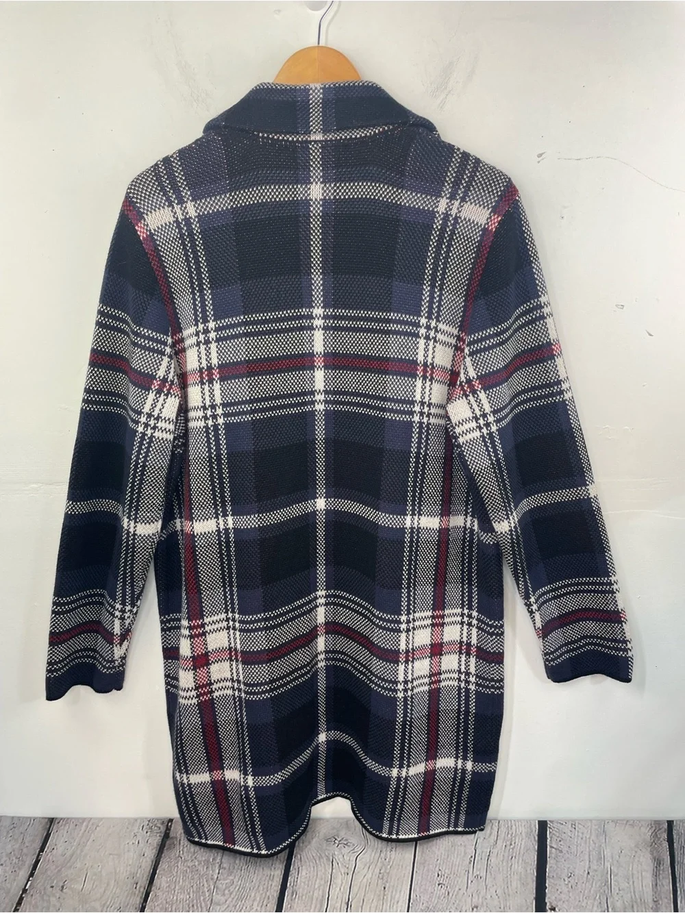 Chaps Plaid Open Front Cardigan Coat – Navy Burgundy & Cream size Large